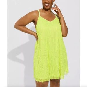 Torrid - Mini Sequin Neon Green V-neck Sleeveless Party Fringe Shift Dress - 2x